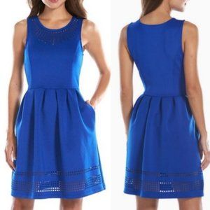 Apt 9 Cobalt Royal Blue Lazer Cut Out Pleated Front Fit Flare Dress Size XS Mini